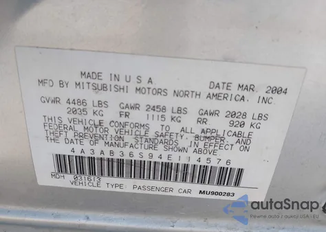 2004 Mitsubishi Galant Ls from USA, damaged, VIN 4A3AB36S94E114576